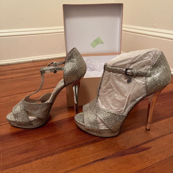 NWT, size 11, Michael Kors Silver Strappy Peep Toe Heels, Available - Picture 7 of 16